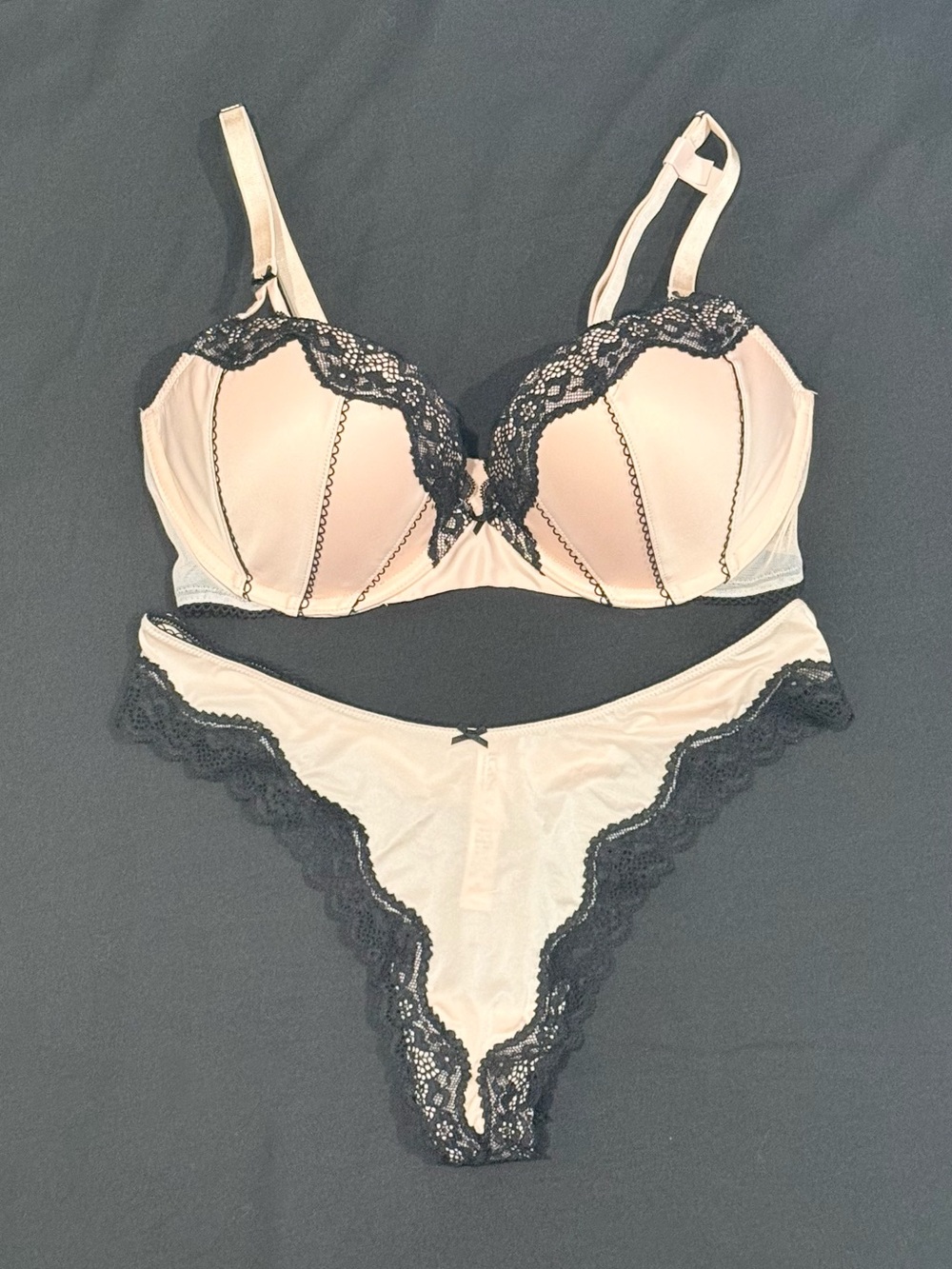 Victoria's Secret Blush and Black Lace Bra & Thong Set
